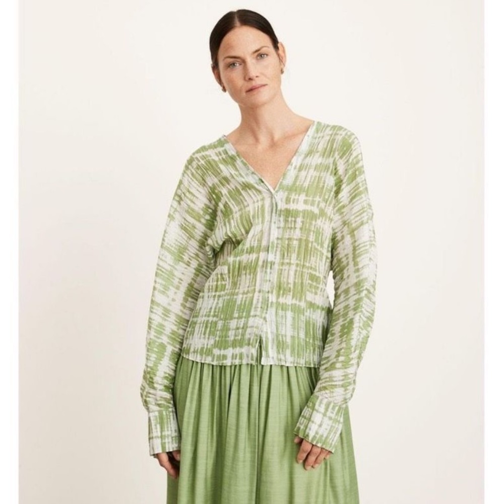 Vince V-Neck Crinkle‎ Silk Blouse Green Tie Dye S